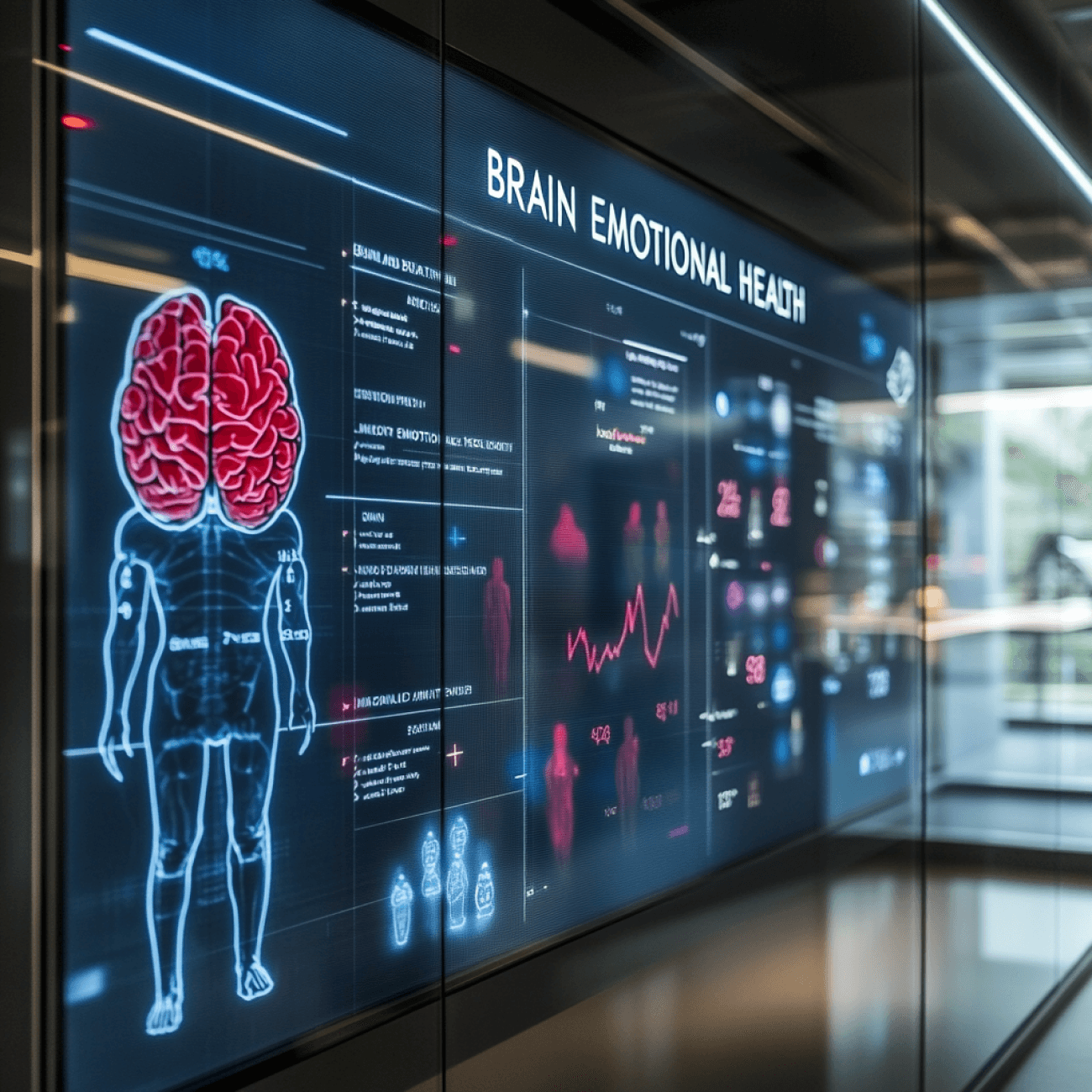 A display wall, showing digital dashboard of mental health